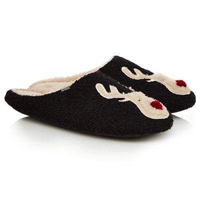 Totes Black reindeer applique mule slippers in a gift box